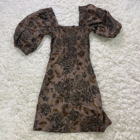 GANNI Brown Poplin Printed Smocked Mini Dress - Picture 3 of 5